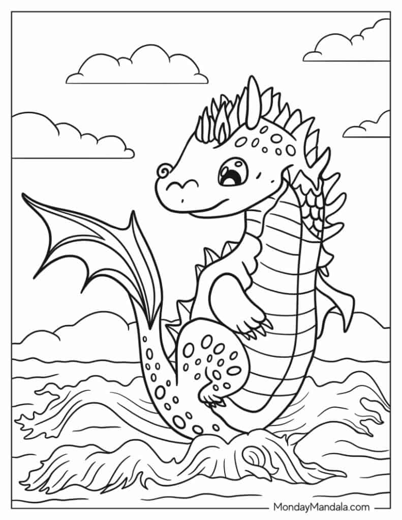 Cartoon dragon standing in ocean waves with clouds