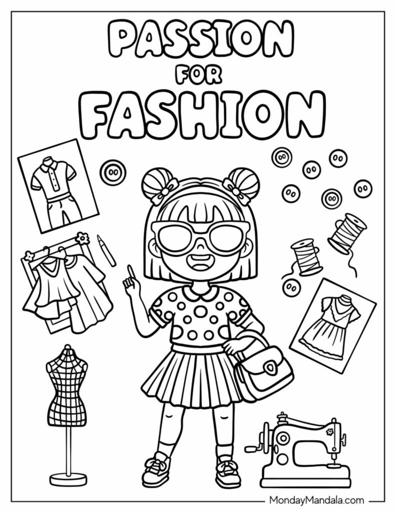 Fashion coloring page with girl, dresses, sewing tools