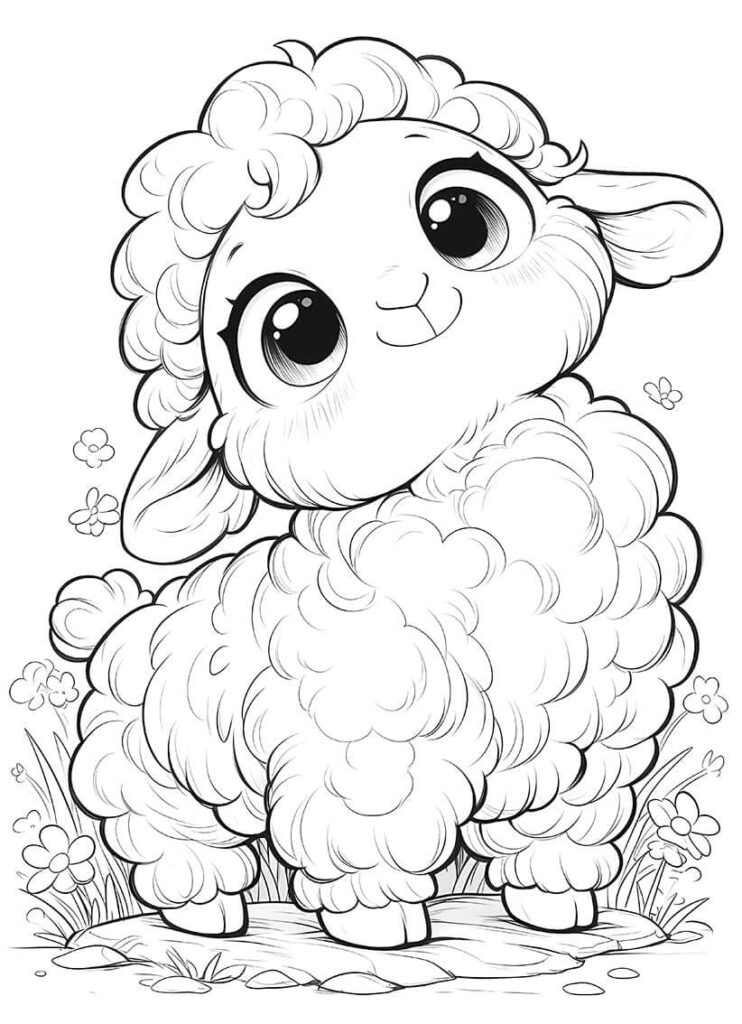 Cute cartoon lamb standing in flowers