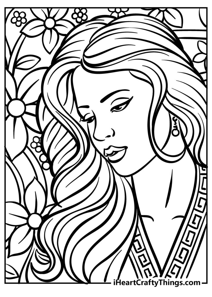 Black-and-white line drawing of a woman with flowers