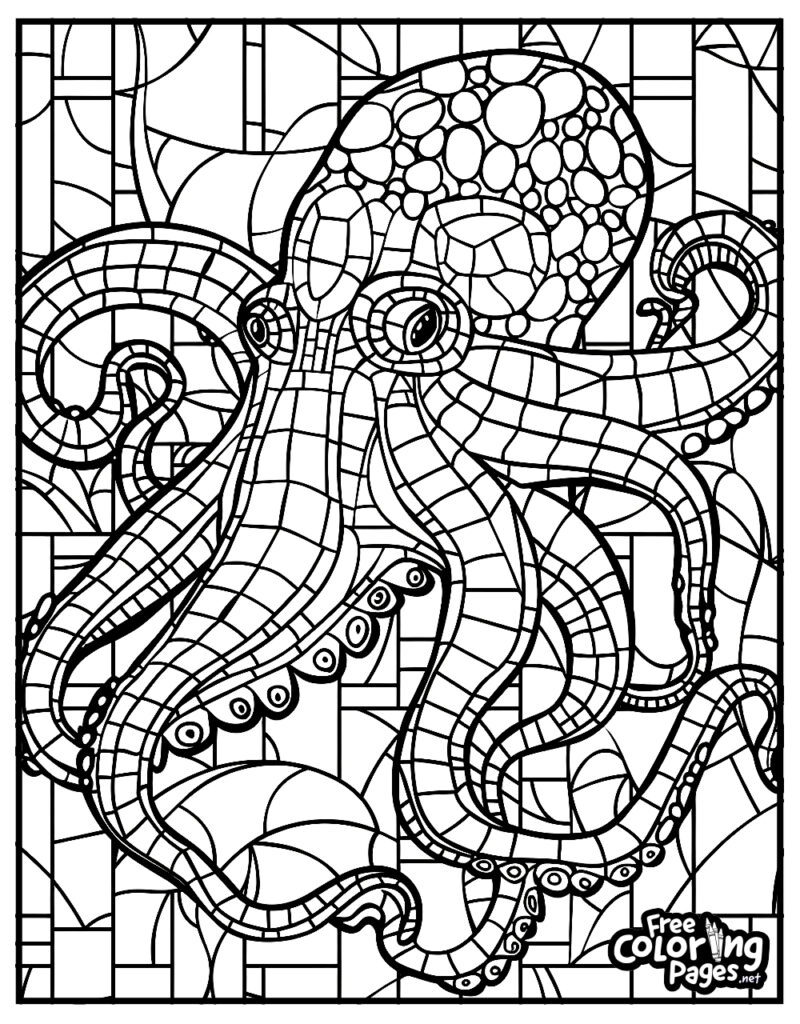 Intricate line drawing of an octopus with stained glass background