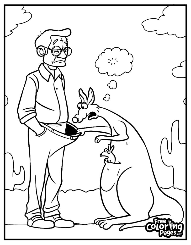 Cartoon man and kangaroo facing each other outdoors