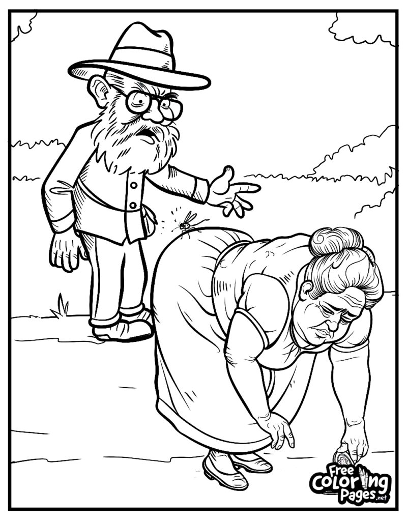 Cartoon man pointing at bent-over woman outdoors