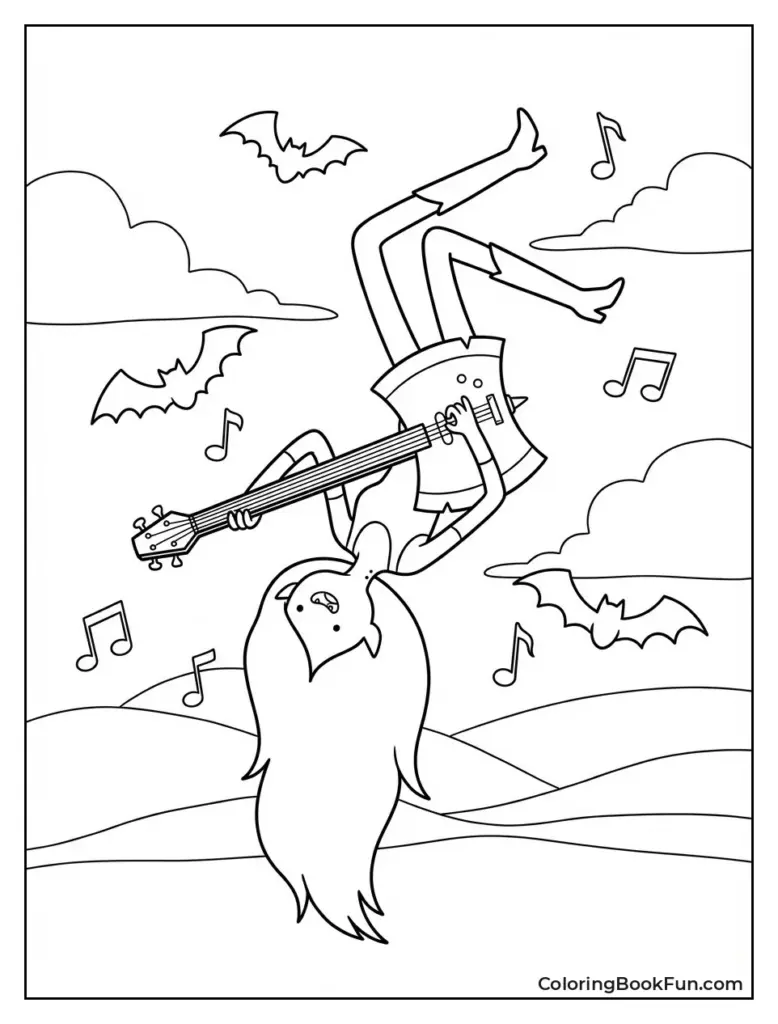 Cartoon girl upside down playing guitar among bats and clouds
