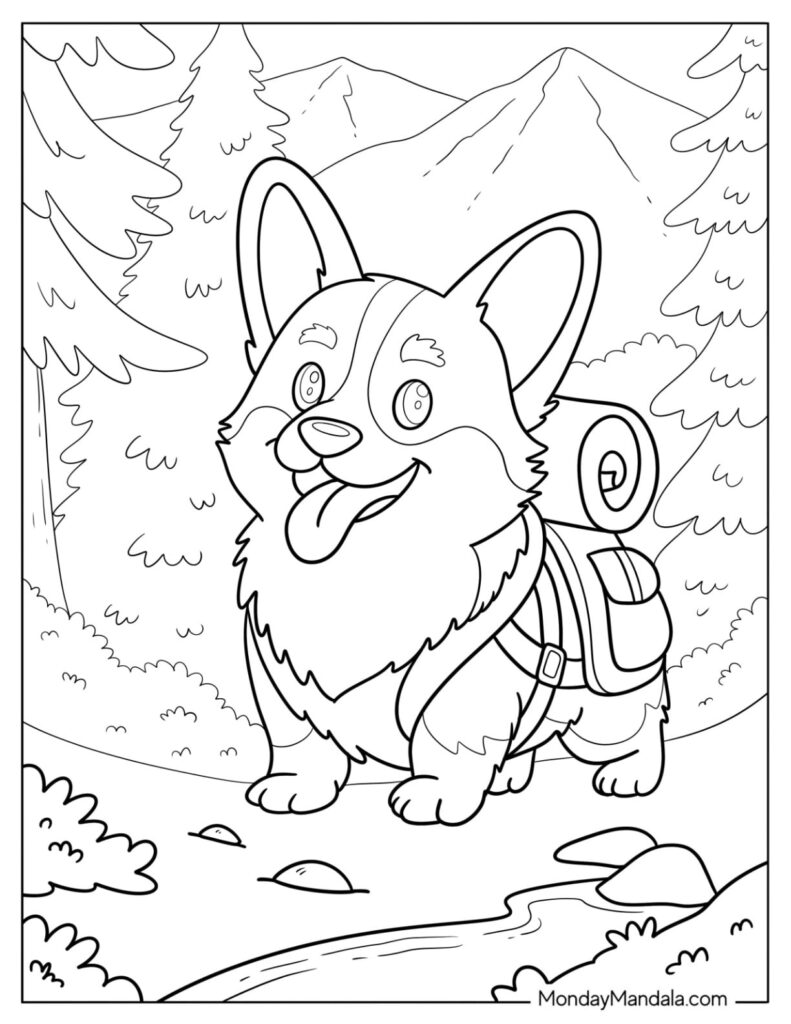 Cartoon corgi with backpack on forest trail