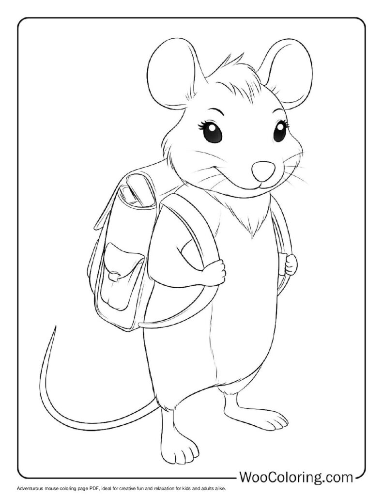 Cartoon mouse wearing backpack, standing on white page