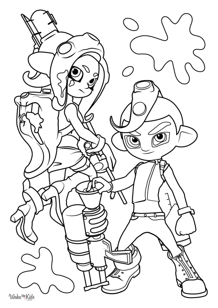 Two cartoon ink-splattered kids in a coloring page