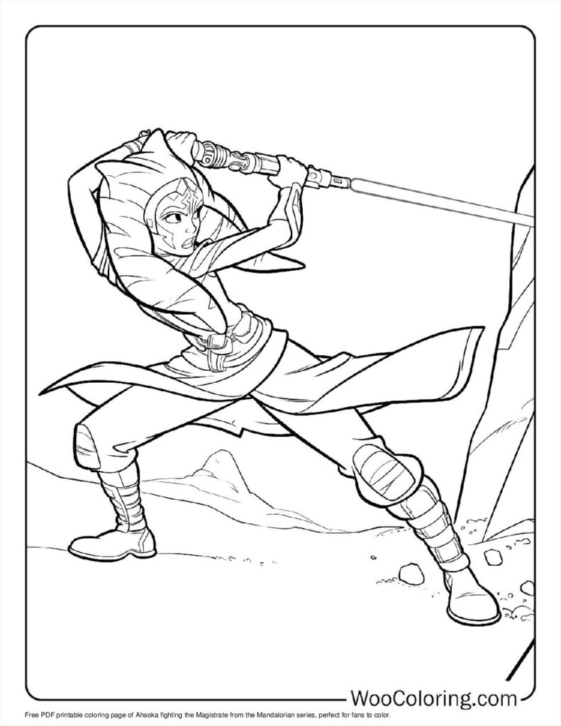 Ahsoka Tano wielding two lightsabers in a desert pose