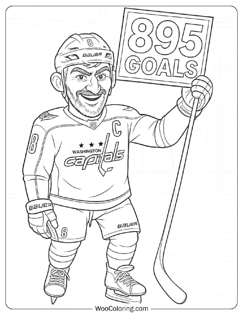 Cartoon hockey player holding 895 goals sign