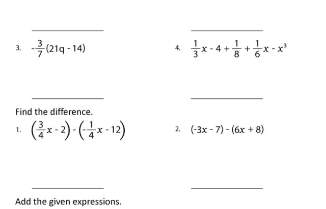 Algebra worksheet with expressions and answer lines