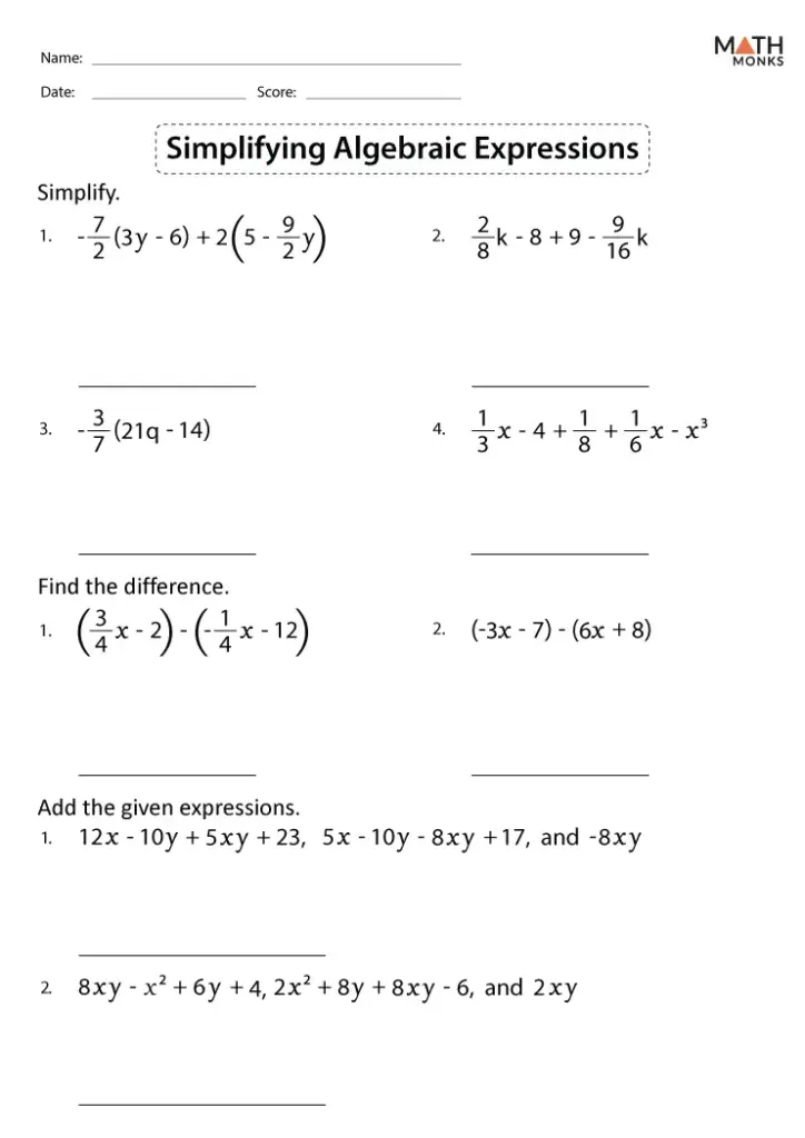 Algebra worksheet with expressions and answer lines