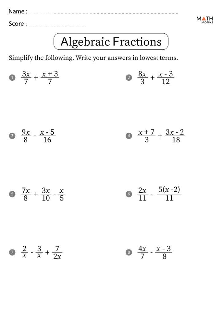 Algebraic fractions math worksheet with eight problems