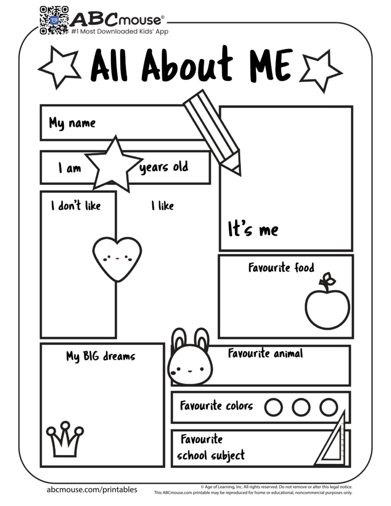 Black-and-white “All About Me” kids worksheet template