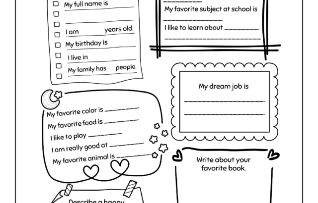 Black-and-white kids worksheet titled All About Me with prompts.