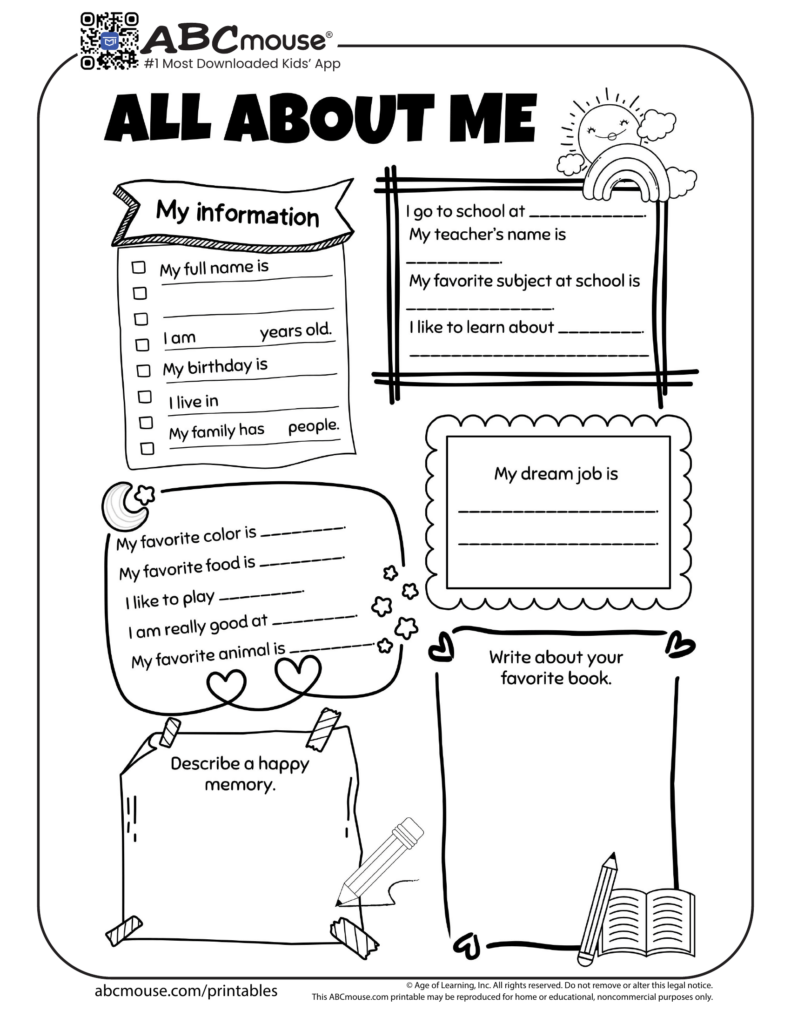 Black-and-white kids worksheet titled All About Me with prompts.
