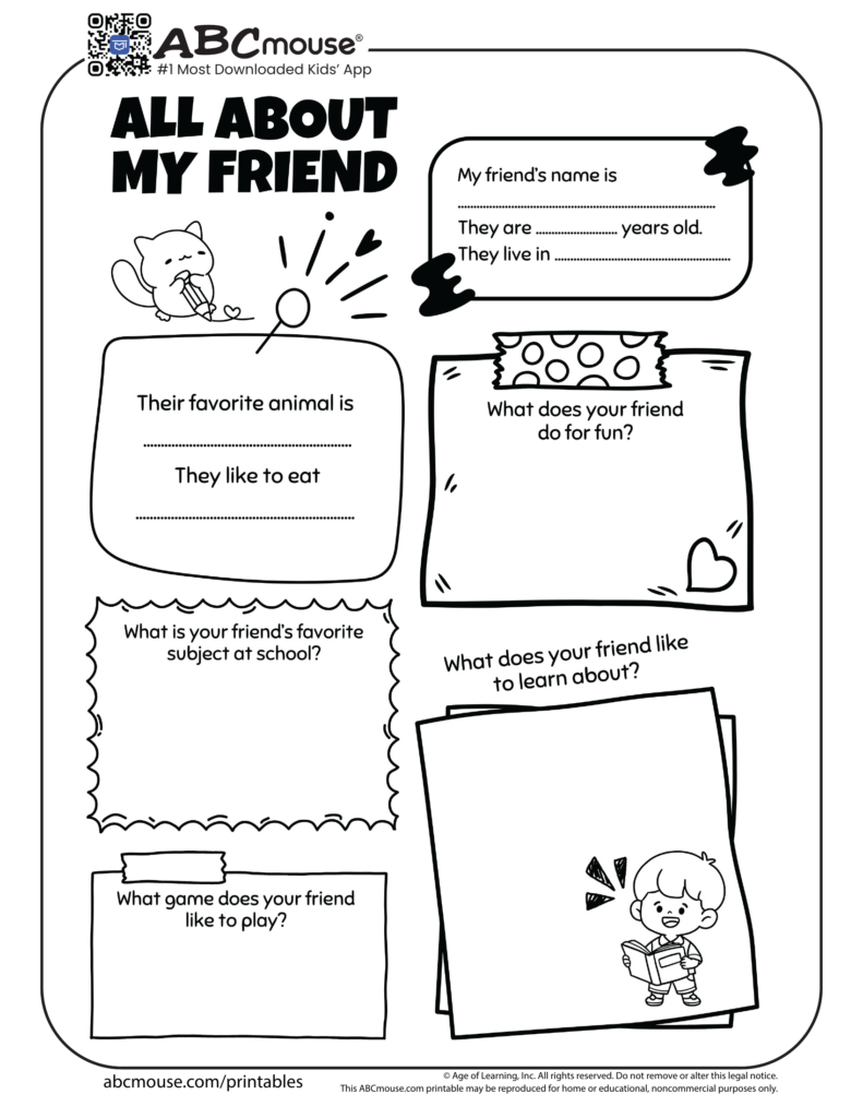 Black-and-white “All About My Friend” worksheet page