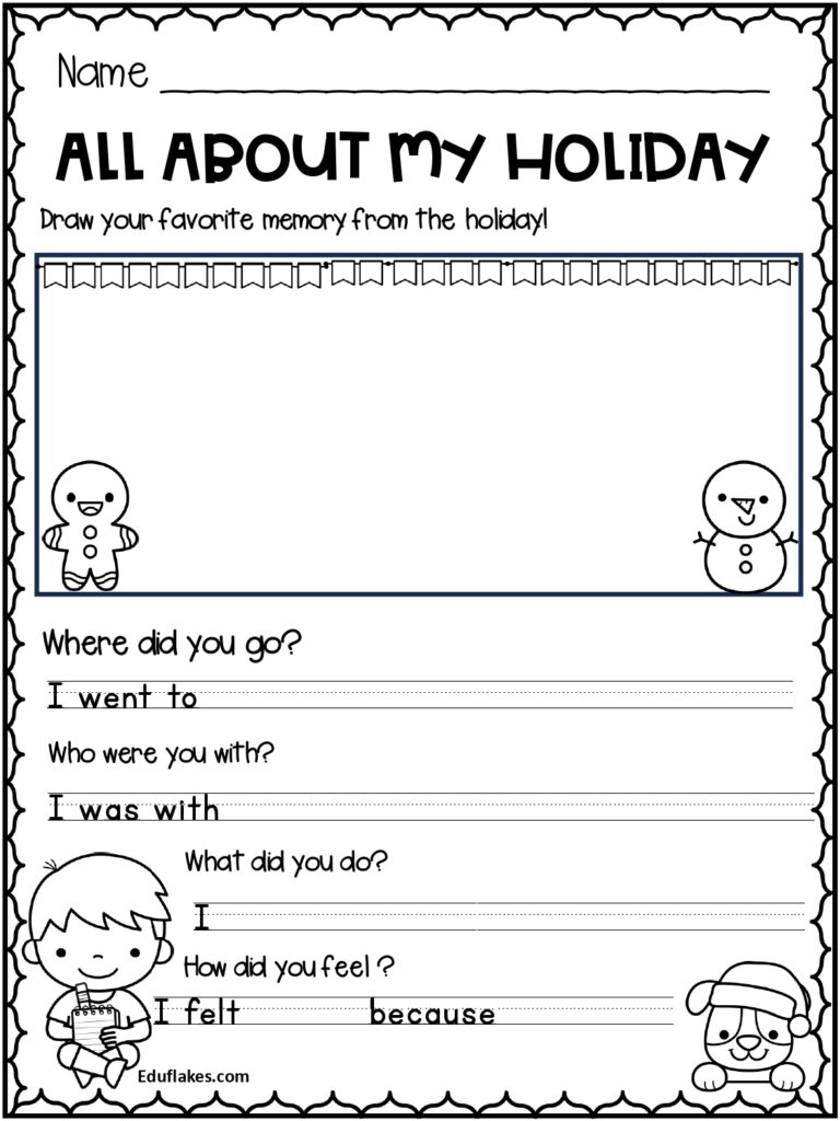 Holiday worksheet with blank lines and cartoon characters