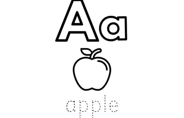Letter A and lowercase a above apple outline, dotted word below