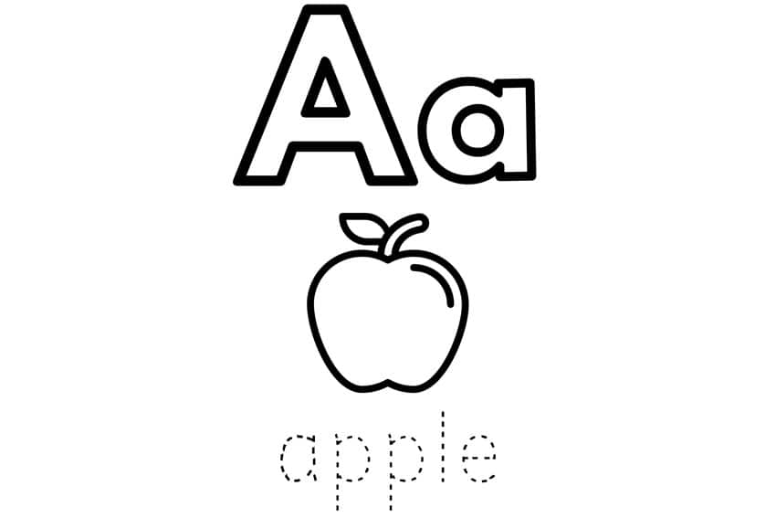 Letter A and lowercase a above apple outline, dotted word below