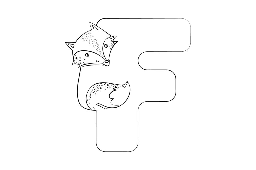 Cartoon fox beside a large lowercase letter F