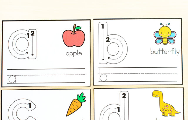 Alphabet formation cards with letters, pictures, and tracing lines