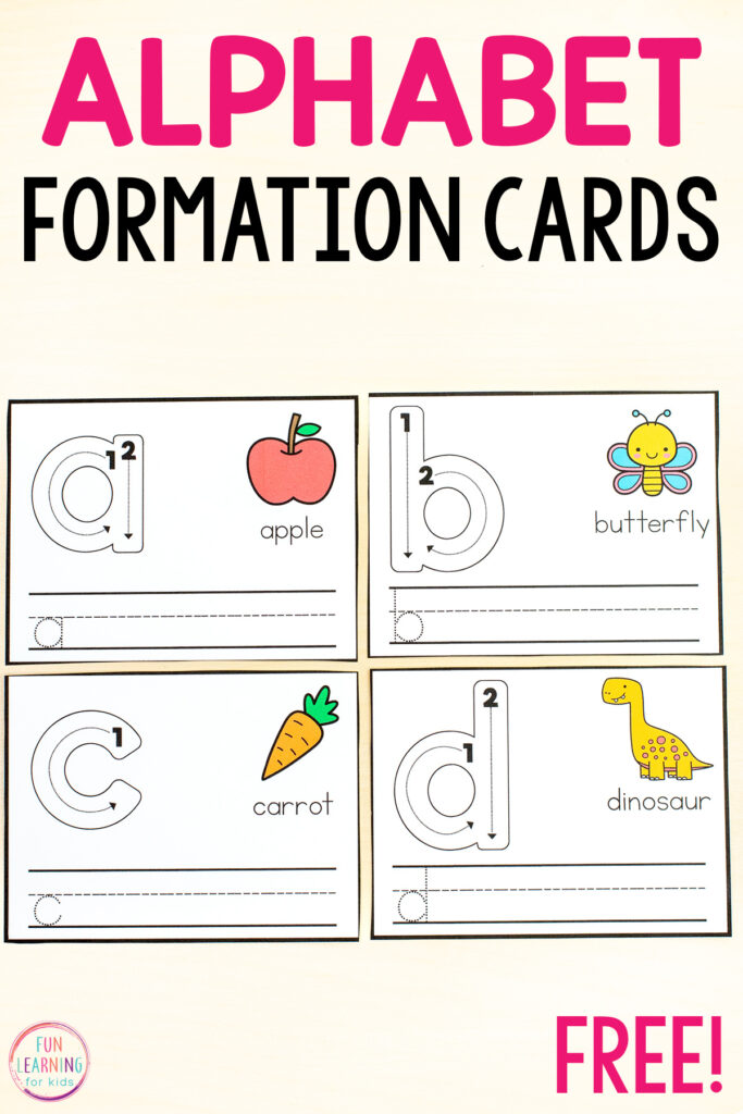 Alphabet formation cards with letters, pictures, and tracing lines