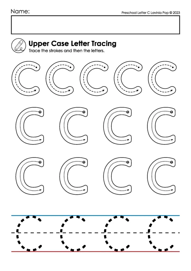 Preschool letter C tracing worksheet with repeated C's