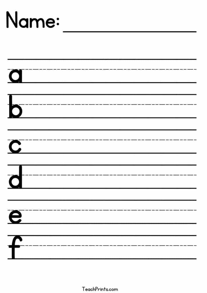 Alphabet handwriting worksheet with letters a through f