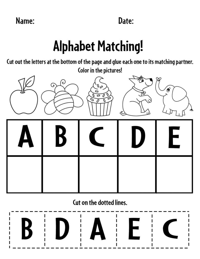Alphabet matching worksheet with letters, pictures, and boxes