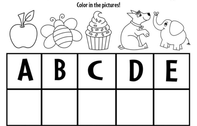 Alphabet matching worksheet with letters and cartoon pictures