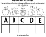 Alphabet matching worksheet with pictures and letters A–E