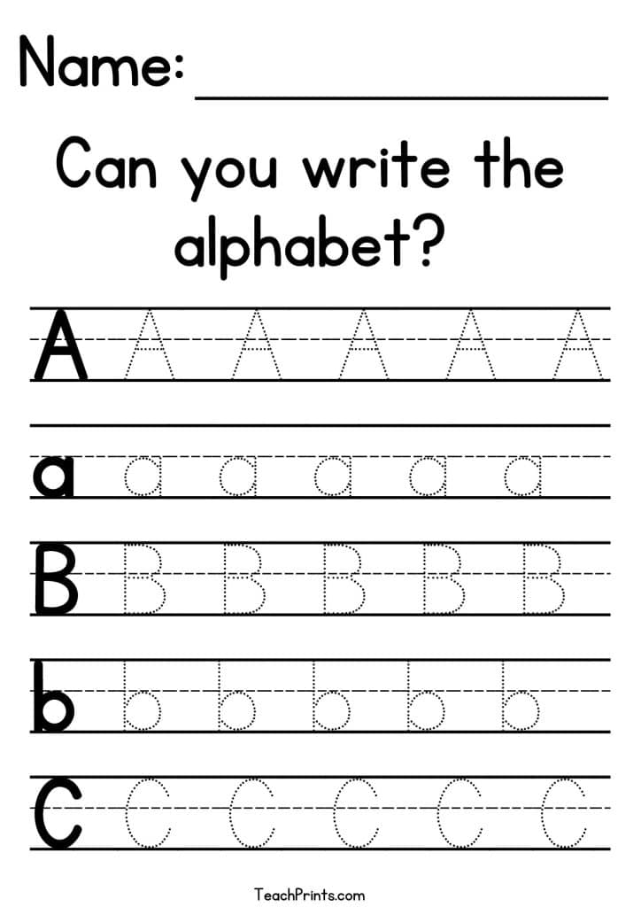 Alphabet handwriting worksheet with traced letters A-C