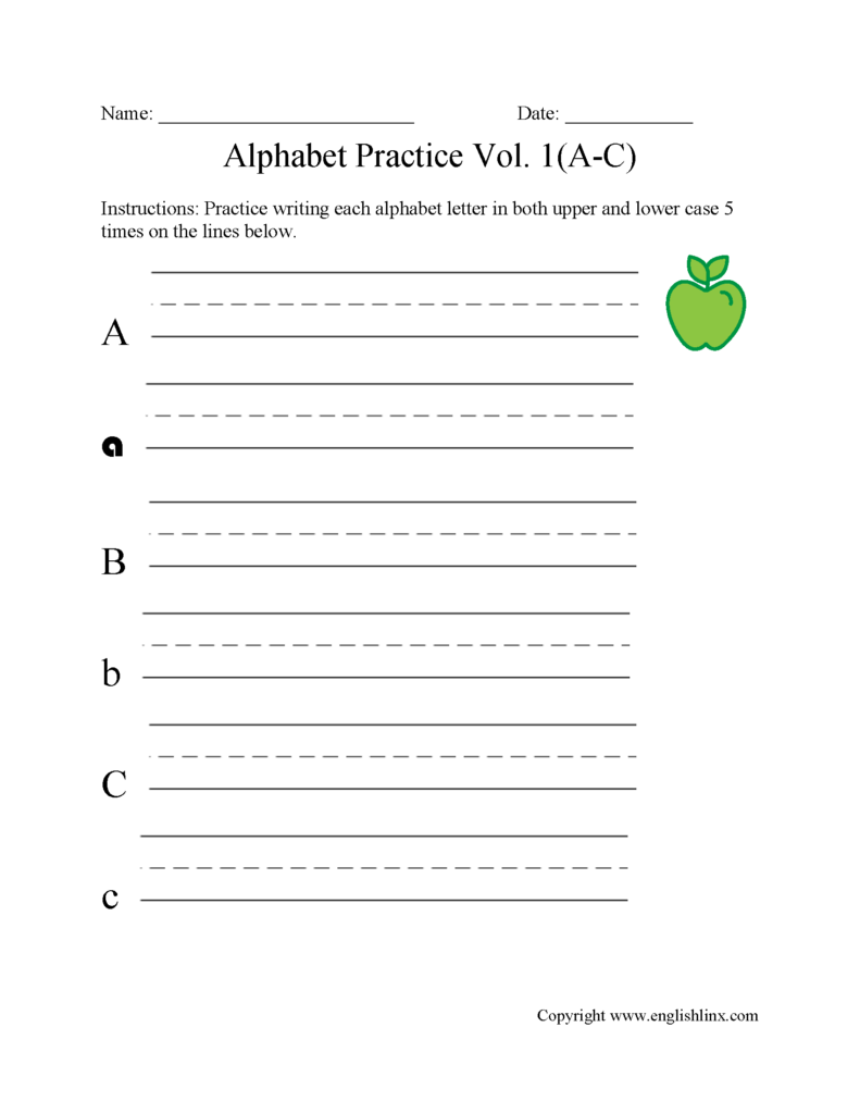 Alphabet practice worksheet with lines for A-C