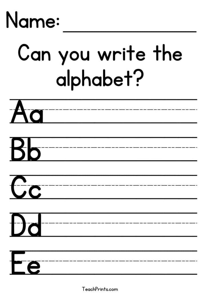Alphabet handwriting worksheet with Name line and letters A-E