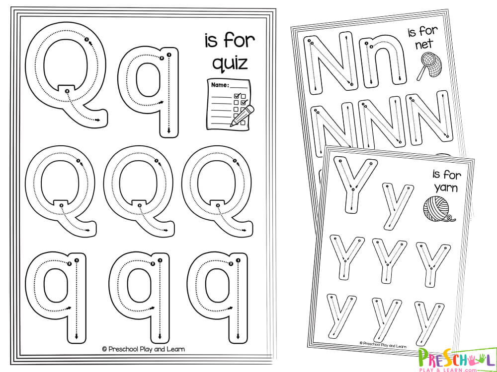 Alphabet tracing worksheets with Q, N, and Y letters