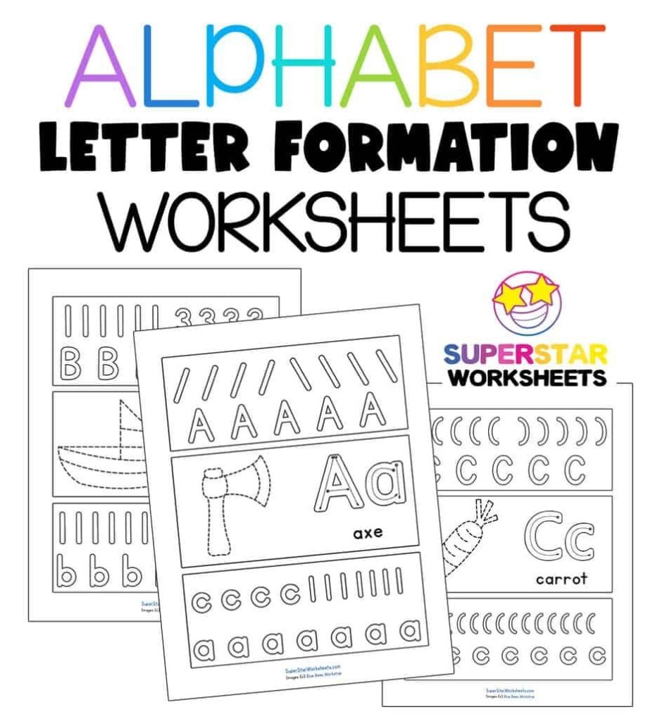 Alphabet letter formation worksheets with colorful title and pages