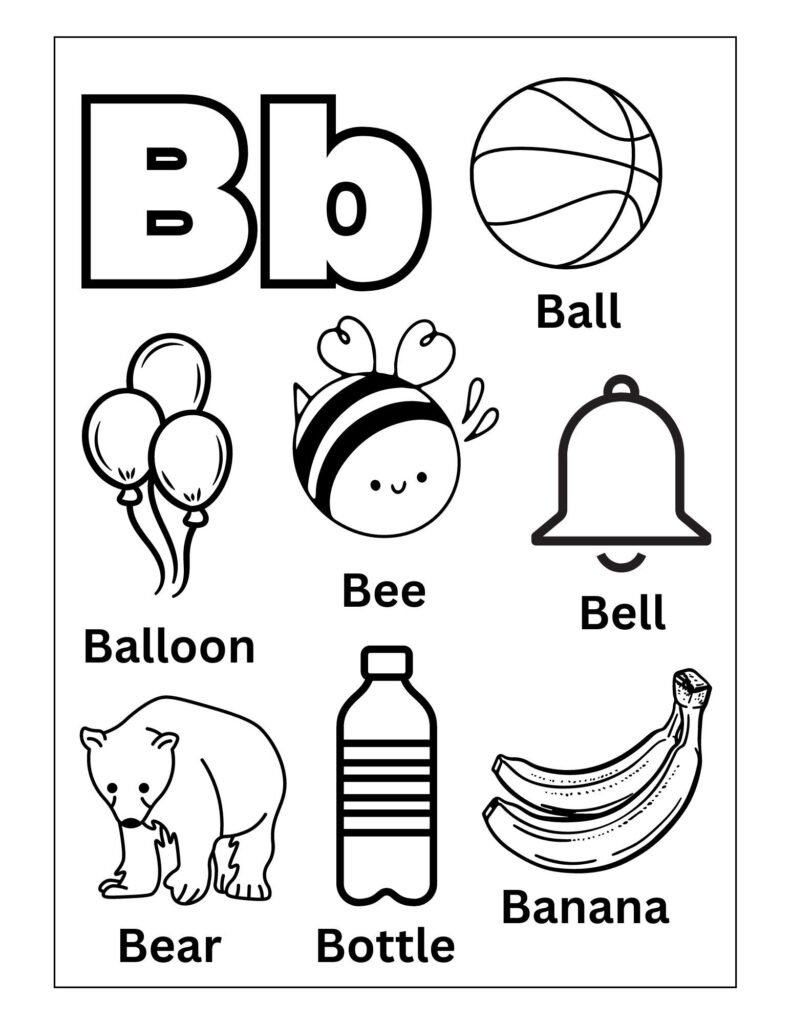 Alphabet worksheet for B with pictures of objects