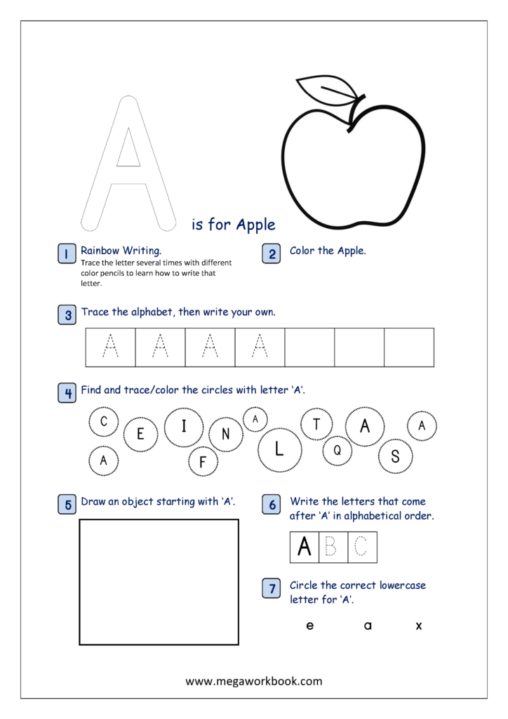 Alphabet tracing worksheet with apple illustration and letter A