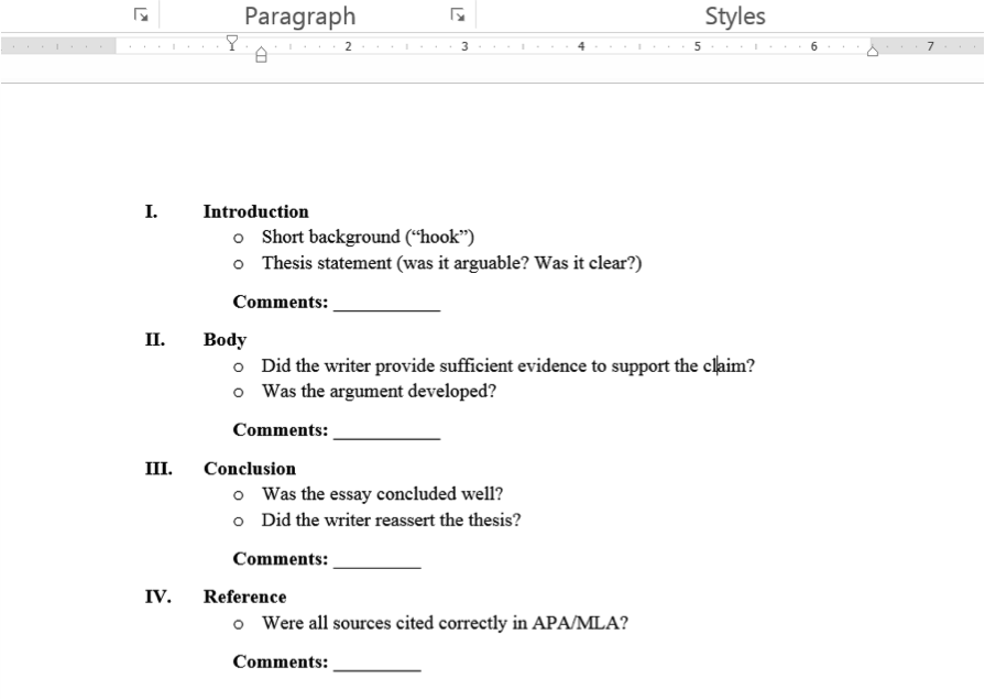Essay evaluation checklist in a word processor document