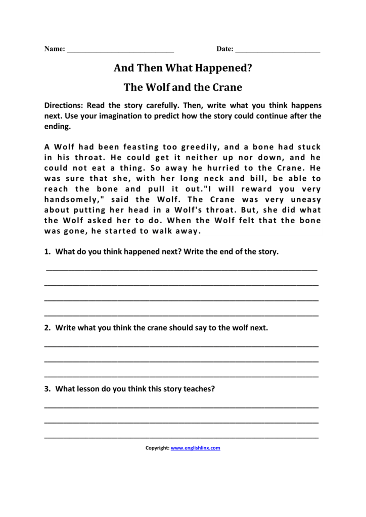 English worksheet about The Wolf and the Crane story
