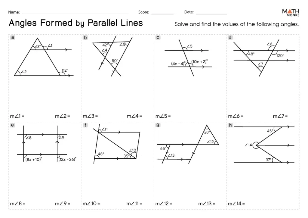 Geometry worksheet on angles formed by parallel lines