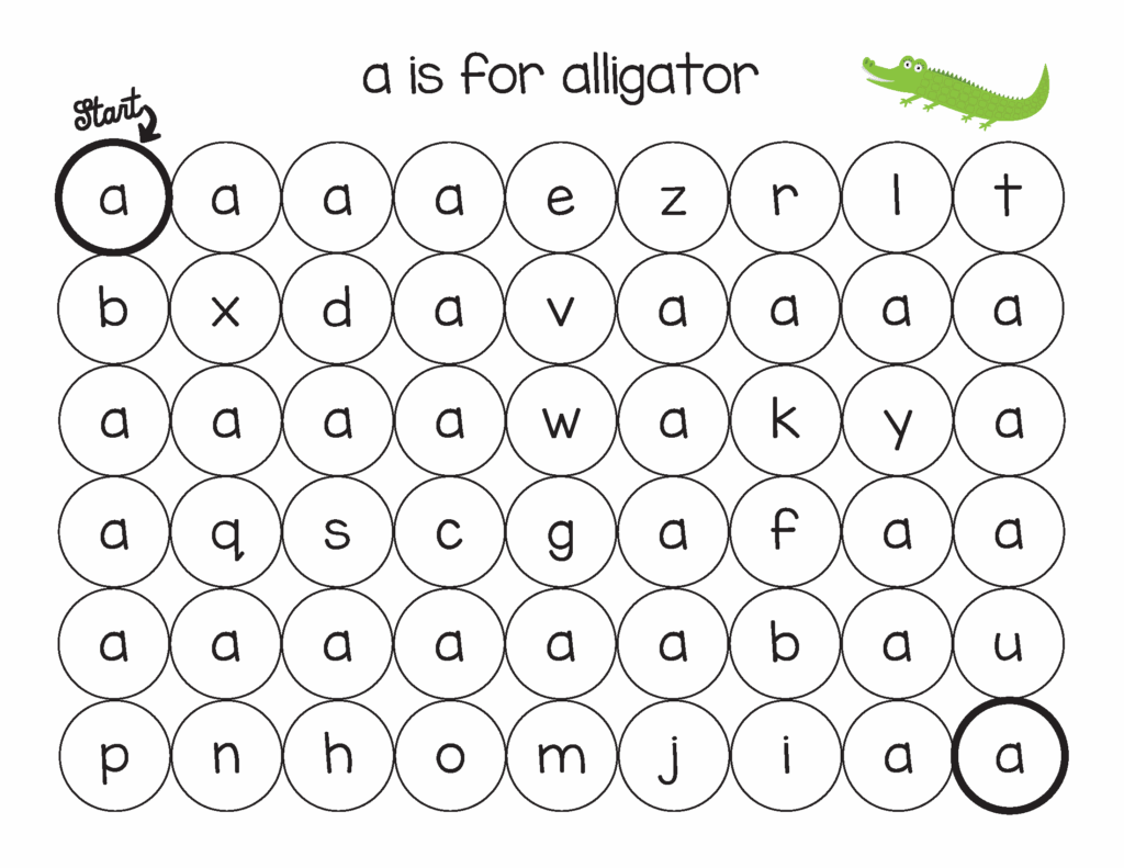 Alphabet dot maze worksheet with alligator illustration