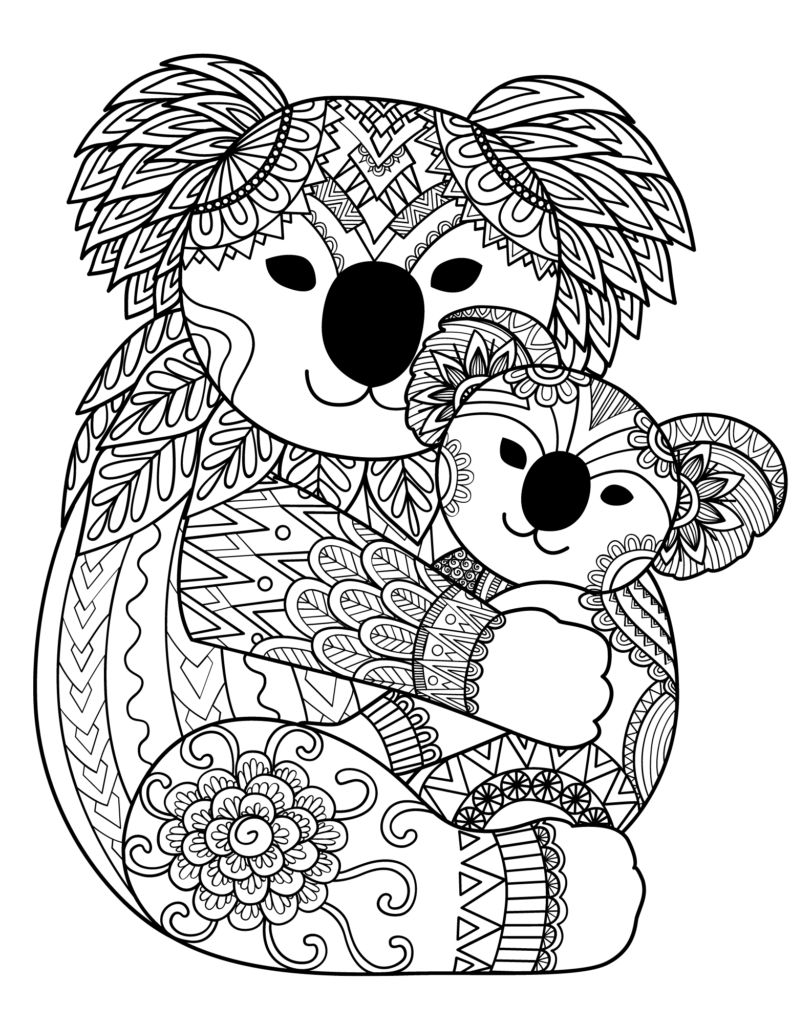 Two patterned koalas hugging on white background