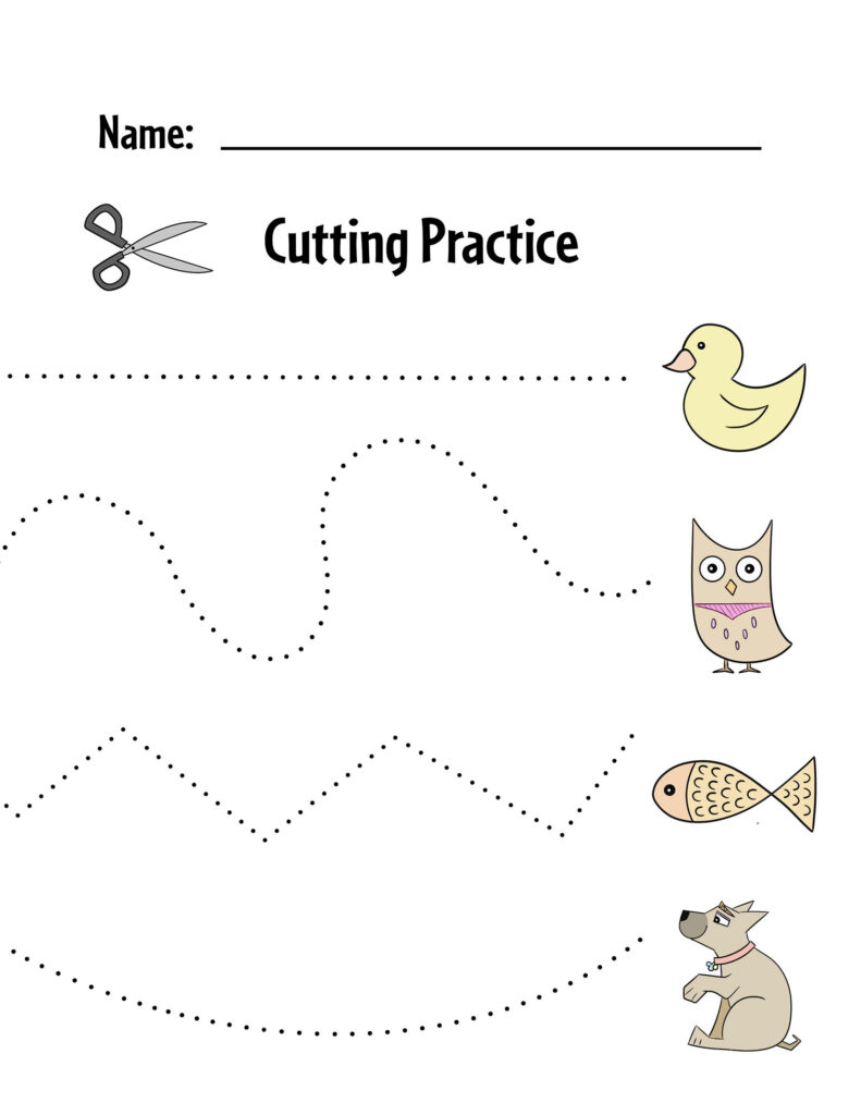 Cutting practice worksheet with dotted lines and cartoon animals