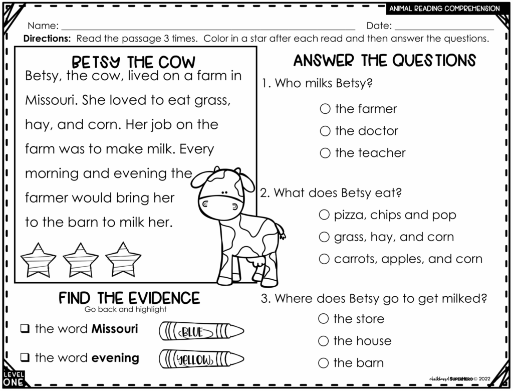 Cow reading comprehension worksheet with questions and stars