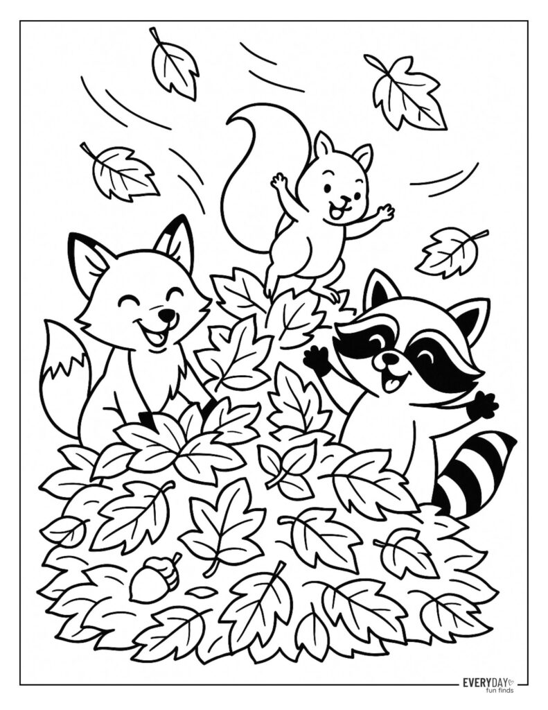 Three cartoon woodland animals among falling leaves