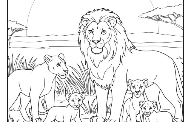 Line drawing of a lion with four cubs in grassland