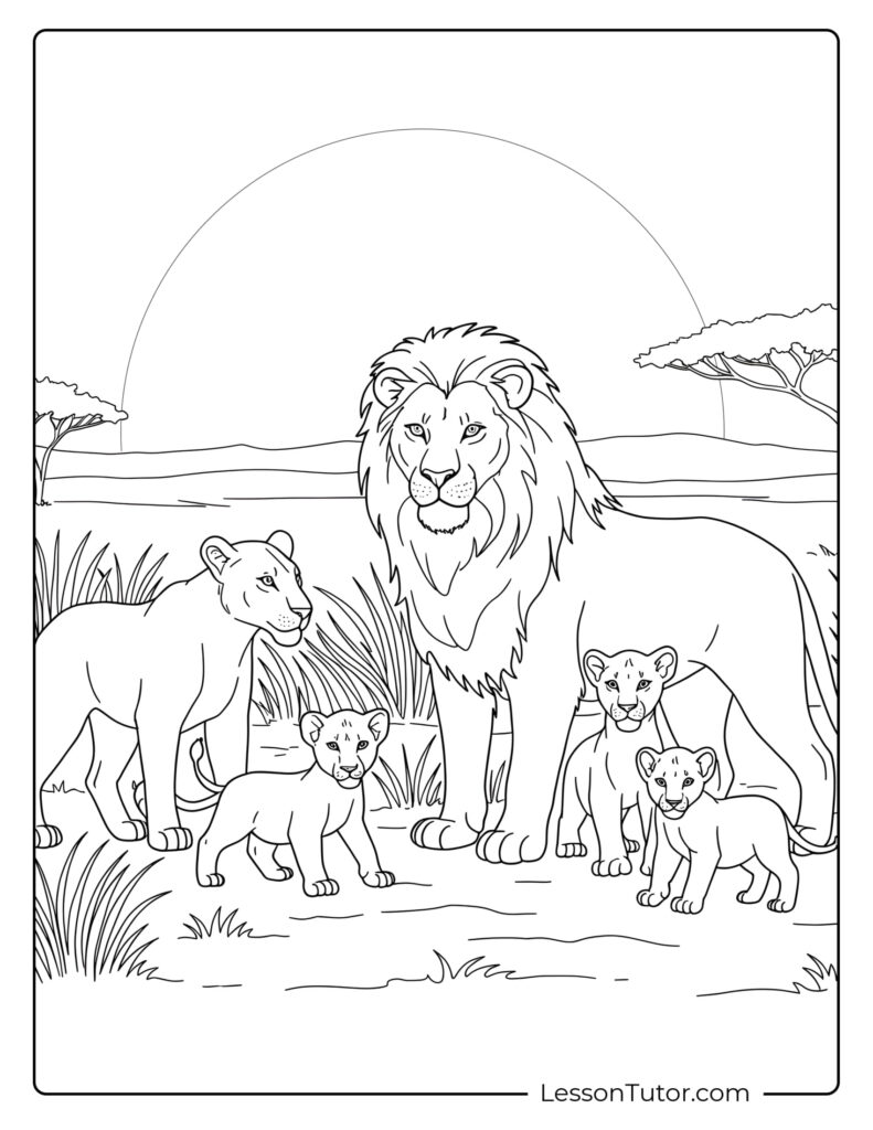 Line drawing of a lion with four cubs in grassland