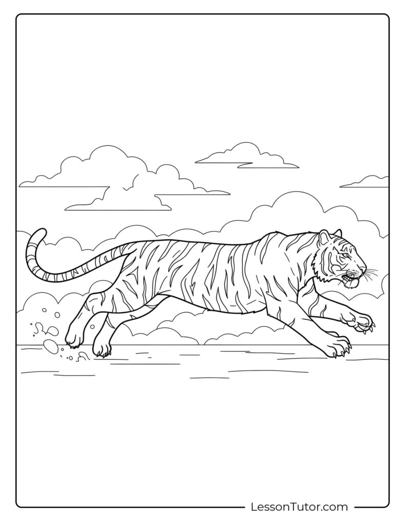 Outline drawing of a running tiger under clouds