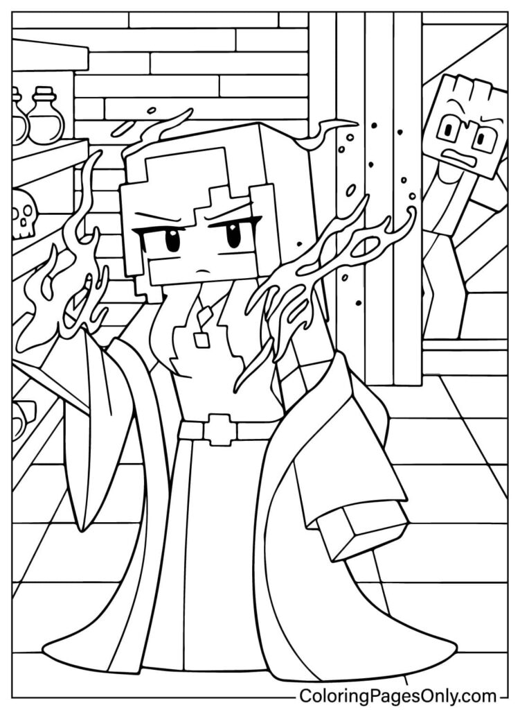 Anime-style character in robe before brick wall, flames